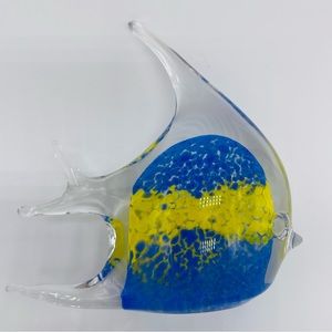 Art Glass Crystal Angel Fish Paperweight Figurine Blue Yellow Murano Style Mint